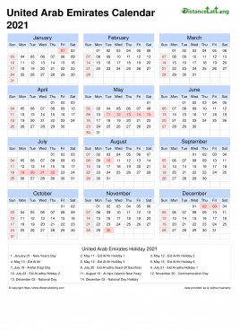 Calendar Horizintal Grid Sun Sat National Holiday United Arab Emirates Portrait 2021