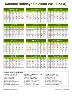 Calendar Horizintal Grid Sun Sat National India A4 Natural 2019