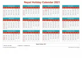 Calendar Horizintal Grid Sun Sat Nepal Holiday Cheerful Bright Landscape 2021