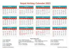Calendar Horizintal Grid Sun Sat Nepal Holiday Cheerful Bright Landscape 2023