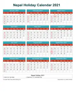 Calendar Horizintal Grid Sun Sat Nepal Holiday Cheerful Bright Portrait 2021