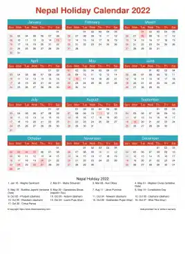 Calendar Horizintal Grid Sun Sat Nepal Holiday Cheerful Bright Portrait 2022