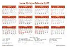 Calendar Horizintal Grid Sun Sat Nepal Holiday Earth Landscape 2023