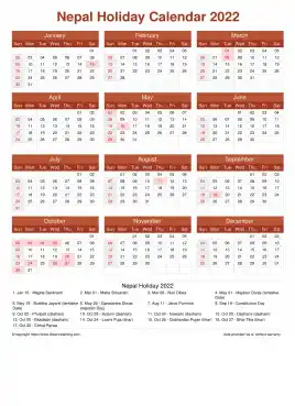 Calendar Horizintal Grid Sun Sat Nepal Holiday Earth Portrait 2022