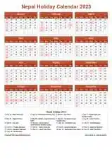 Calendar Horizintal Grid Sun Sat Nepal Holiday Earth Portrait 2023