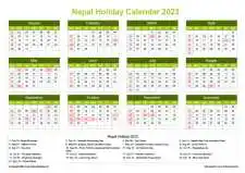 Calendar Horizintal Grid Sun Sat Nepal Holiday Natural Landscape 2023
