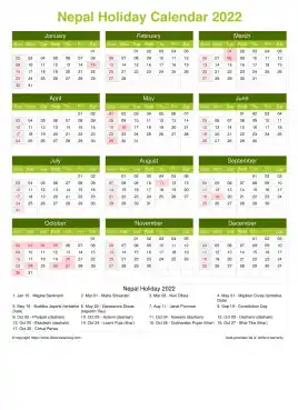 Calendar Horizintal Grid Sun Sat Nepal Holiday Natural Portrait 2022