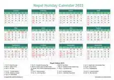 Calendar Horizintal Grid Sun Sat Nepal Holiday Watery Blue Landscape 2023