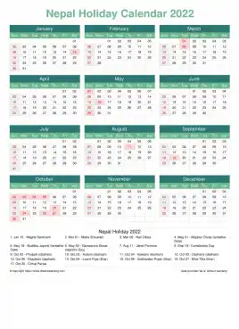 Calendar Horizintal Grid Sun Sat Nepal Holiday Watery Blue Portrait 2022