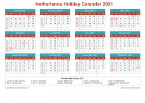 Calendar Horizintal Grid Sun Sat Netherlands Holiday Cheerful Bright Landscape 2021