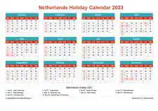 Calendar Horizintal Grid Sun Sat Netherlands Holiday Cheerful Bright Landscape 2023