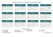 Calendar Horizintal Grid Sun Sat Netherlands Holiday Cool Blue Landscape 2023