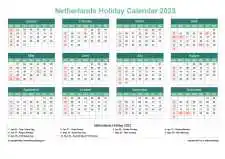 Calendar Horizintal Grid Sun Sat Netherlands Holiday Watery Blue Landscape 2023