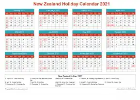 Calendar Horizintal Grid Sun Sat New Zealand Holiday Cheerful Bright Landscape 2021