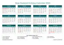Calendar Horizintal Grid Sun Sat New Zealand Holiday Cool Blue Landscape 2023