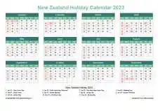 Calendar Horizintal Grid Sun Sat New Zealand Holiday Watery Blue Landscape 2023