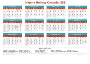 Calendar Horizintal Grid Sun Sat Nigeria Holiday Cheerful Bright Landscape 2021