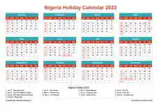 Calendar Horizintal Grid Sun Sat Nigeria Holiday Cheerful Bright Landscape 2023