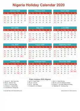 Calendar Horizintal Grid Sun Sat Nigeria Holiday Cheerful Bright Portrait 2020