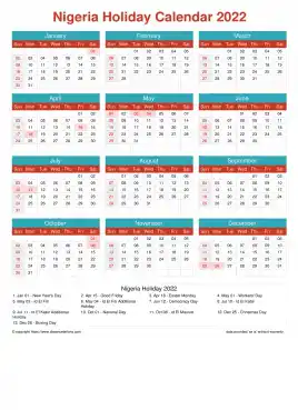Calendar Horizintal Grid Sun Sat Nigeria Holiday Cheerful Bright Portrait 2022