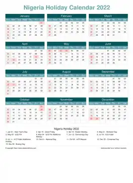 Calendar Horizintal Grid Sun Sat Nigeria Holiday Cool Blue Portrait 2022
