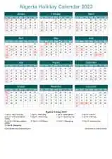 Calendar Horizintal Grid Sun Sat Nigeria Holiday Cool Blue Portrait 2023