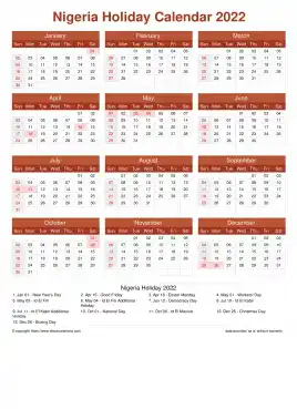Calendar Horizintal Grid Sun Sat Nigeria Holiday Earth Portrait 2022
