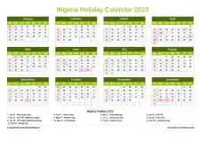 Calendar Horizintal Grid Sun Sat Nigeria Holiday Natural Landscape 2023