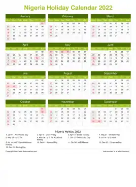 Calendar Horizintal Grid Sun Sat Nigeria Holiday Natural Portrait 2022