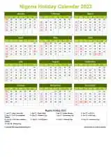 Calendar Horizintal Grid Sun Sat Nigeria Holiday Natural Portrait 2023