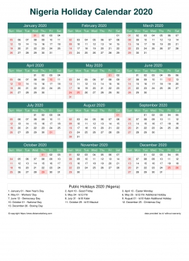 Calendar Horizintal Grid Sun Sat Nigeria Holiday Watery Blue Portrait 2020