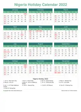 Calendar Horizintal Grid Sun Sat Nigeria Holiday Watery Blue Portrait 2022
