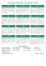Calendar Horizintal Grid Sun Sat Nigeria Holiday Watery Blue Portrait 2023