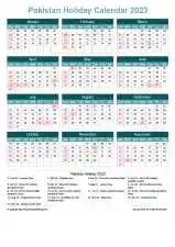 Calendar Horizintal Grid Sun Sat Pakistan Holiday Cool Blue Portrait 2023