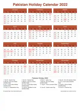 Calendar Horizintal Grid Sun Sat Pakistan Holiday Earth Portrait 2022