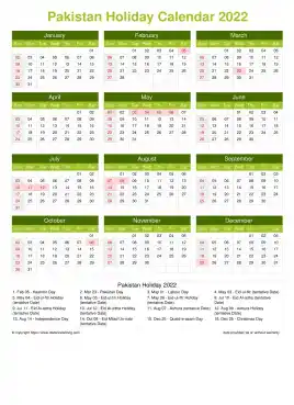 Calendar Horizintal Grid Sun Sat Pakistan Holiday Natural Portrait 2022