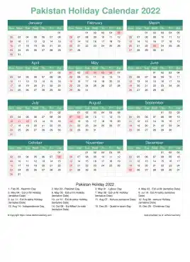 Calendar Horizintal Grid Sun Sat Pakistan Holiday Watery Blue Portrait 2022