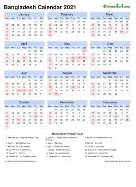Calendar Horizintal Grid Sun Sat Public Holiday Bangladesh Portrait 2021