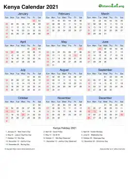 Calendar Horizintal Grid Sun Sat Public Holiday Kenya Portrait 2021