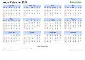 Calendar Horizintal Grid Sun Sat Public Holiday Nepal Landscape 2021