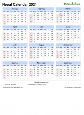 Calendar Horizintal Grid Sun Sat Public Holiday Nepal Portrait 2021