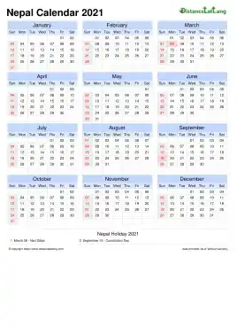 Calendar Horizintal Grid Sun Sat Public Holiday Nepal Portrait 2021