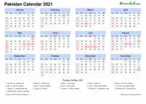 Calendar Horizintal Grid Sun Sat Public Holiday Pakistan Landscape 2021