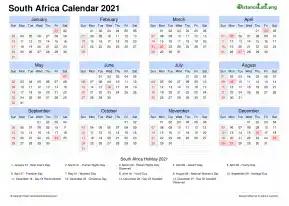 Calendar Horizintal Grid Sun Sat Public Holiday South Africa Landscape 2021