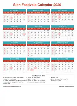 Calendar Horizintal Grid Sun Sat Sikh Holiday A4 Cheerful Bright 2020