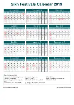 Calendar Horizintal Grid Sun Sat Sikh Holiday A4 Cool Blue 2019