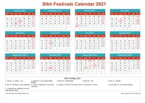 Calendar Horizintal Grid Sun Sat Sikh Holiday A4 Landscape Cheerful Bright 2021