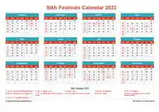 Calendar Horizintal Grid Sun Sat Sikh Holiday A4 Landscape Cheerful Bright 2023
