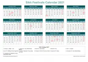 Calendar Horizintal Grid Sun Sat Sikh Holiday A4 Landscape Cool Blue 2021