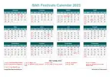Calendar Horizintal Grid Sun Sat Sikh Holiday A4 Landscape Cool Blue 2023